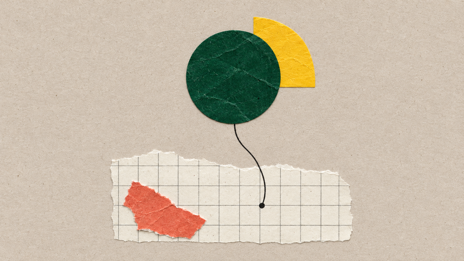 Paper collage of a green disc connected by a thin ink line to a point on torn graph paper, with a small red scrap nearby.